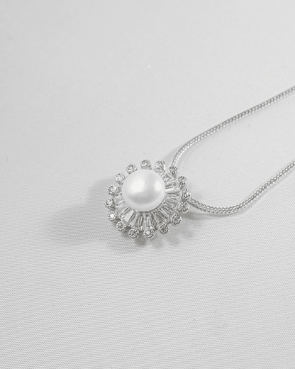 92.5 Sterling Silver Pearl &amp; Baguette CZ Pendant Set | Royal Sunburst Halo (Chain Not Included)