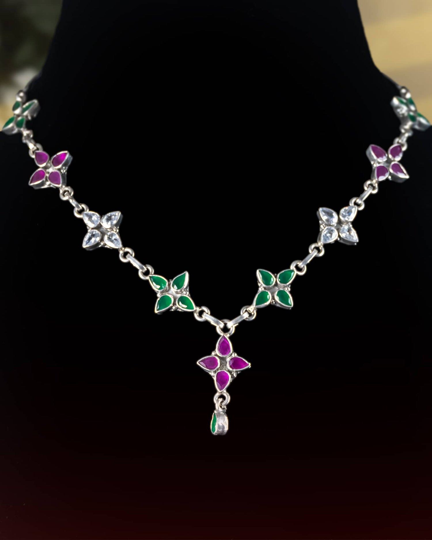 92.5 Sterling Silver Floral Station Necklace | Pink &amp; Green Stone Delicate Chain
