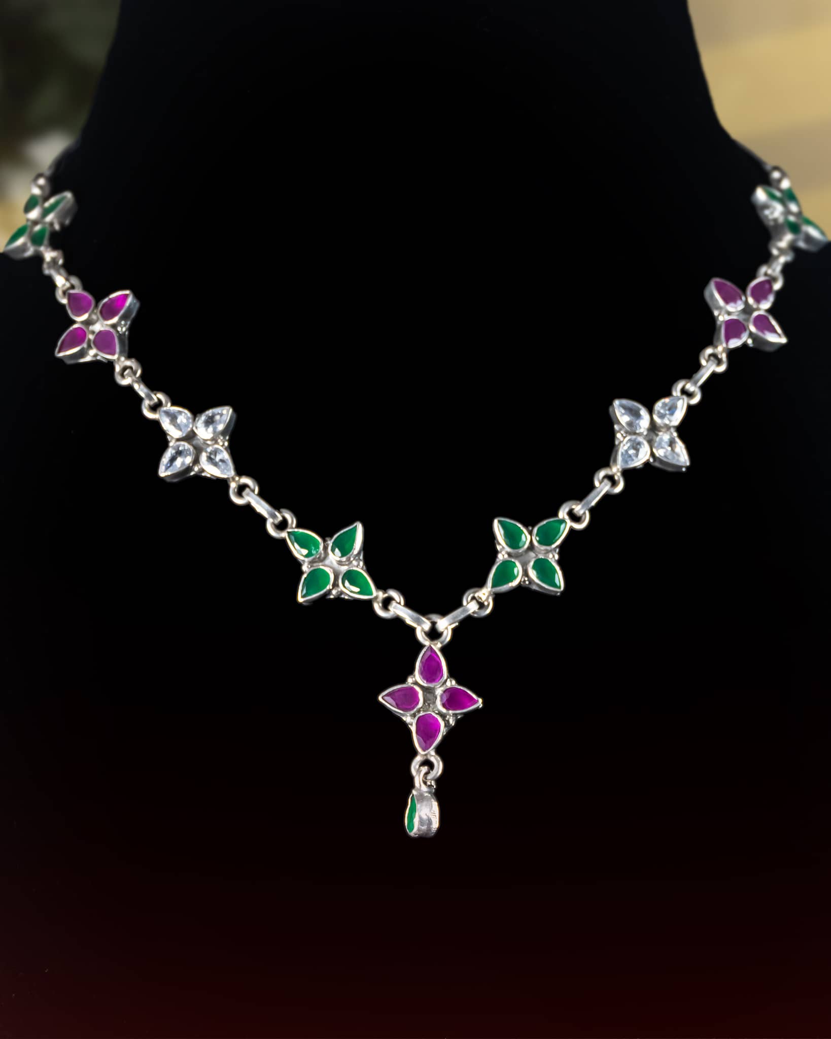 92.5 Sterling Silver Floral Station Necklace | Pink & Green Stone Delicate Chain