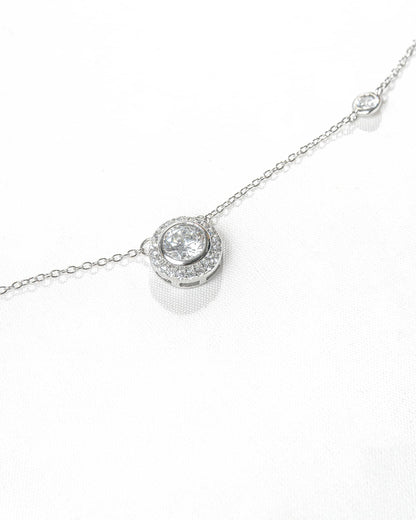 92.5 Sterling Silver Solitaire Halo Station Necklace | Round CZ Diamond Chain