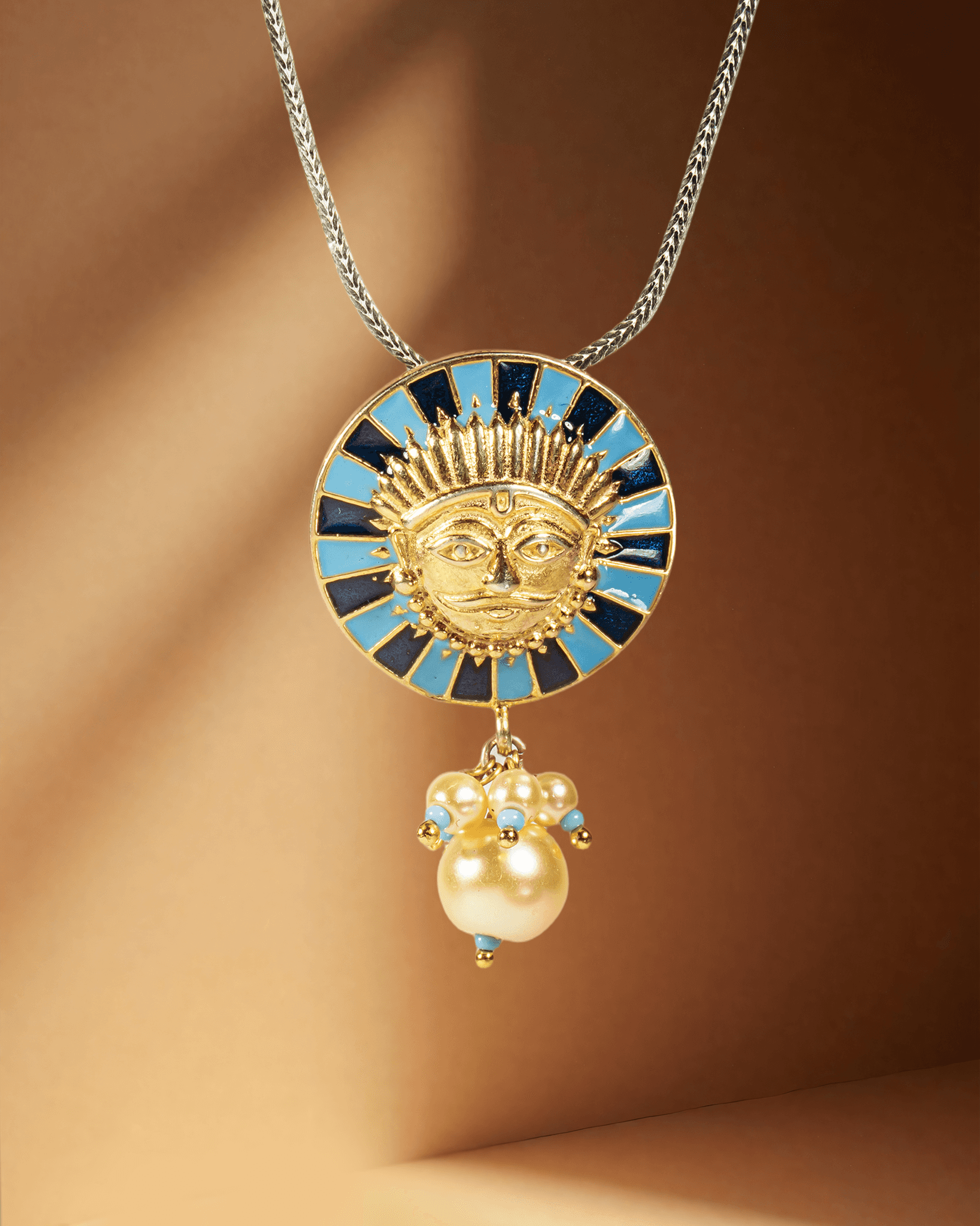 Gold Plated Silver Surya Pendant Set with Blue Enamel & Pearls | Traditional Sun Motif (Chain Not Included)