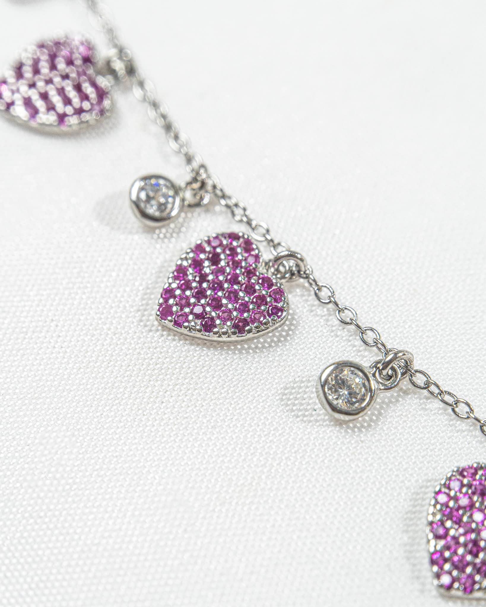 92.5 Sterling Silver Pink Pave Heart Station Necklace | Ruby Color CZ Dangles