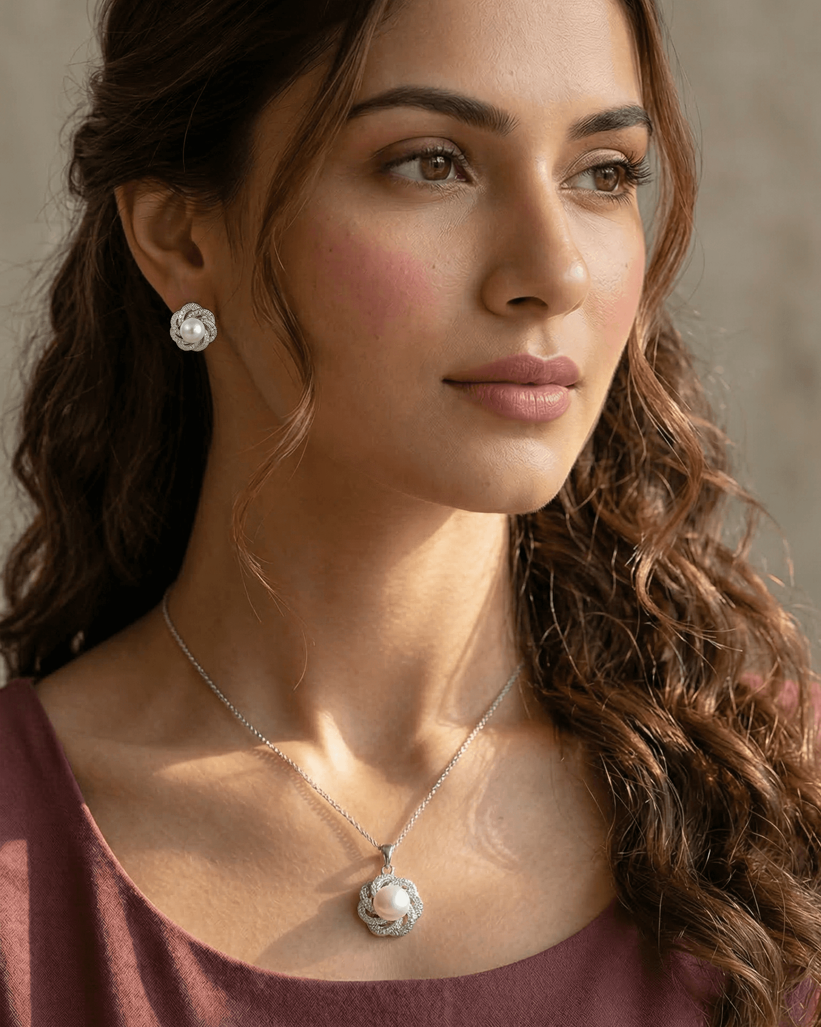 Elegant 92.5 sterling silver pearl pendant set with matching cz swirl stud earrings resting on a soft beige fabric.
