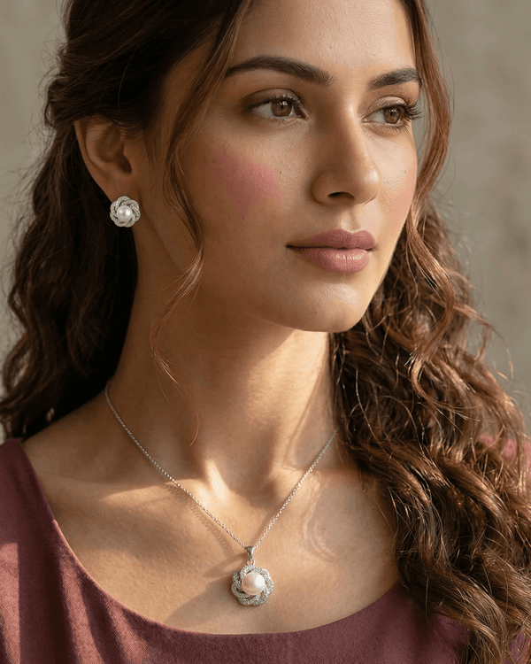 92.5 Sterling Silver Pearl & CZ Swirl Pendant Set | Floral Halo Studs (Chain Not Included)