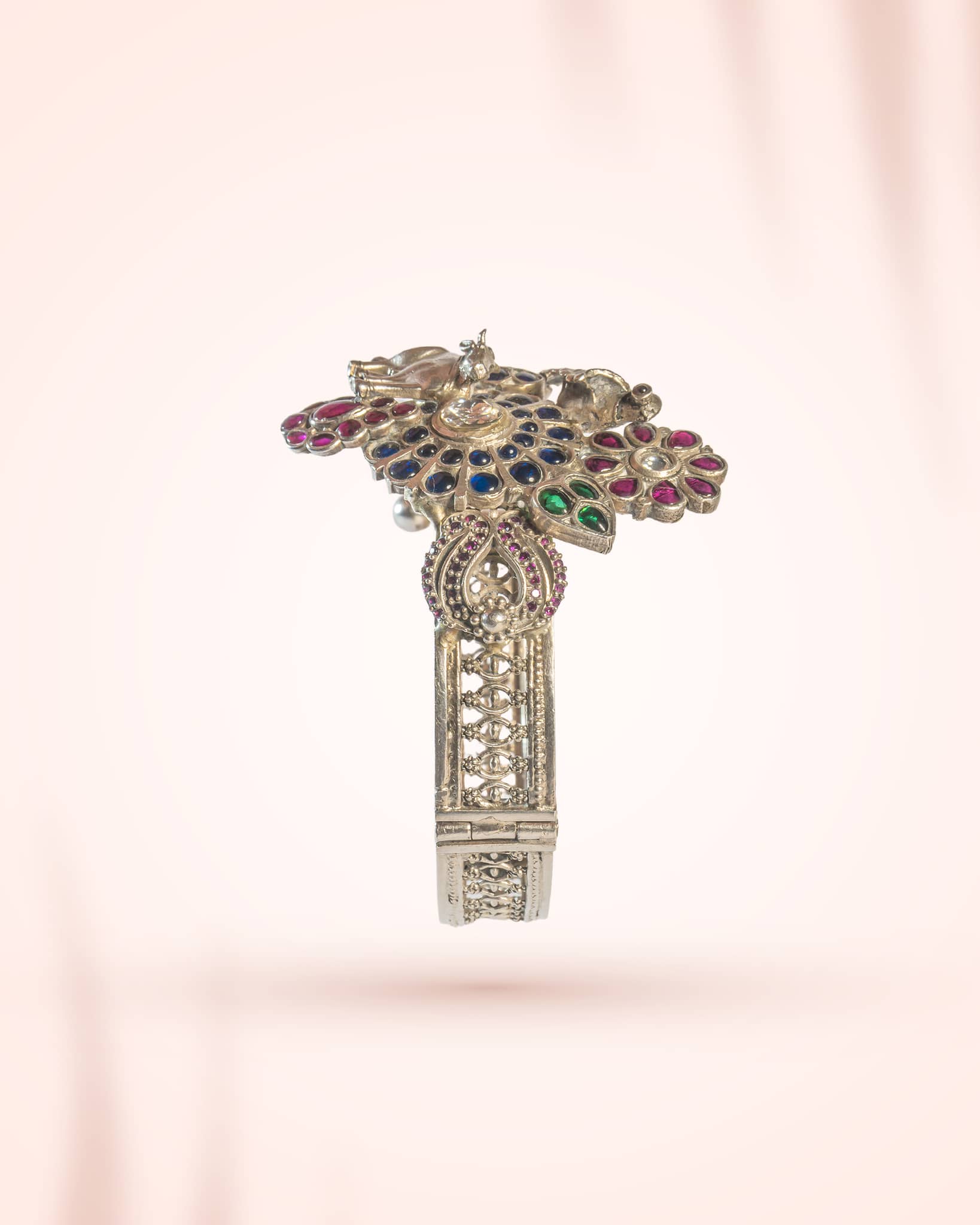 92.5 Sterling Silver Gau Mata & Bird Jadau Bangle | Vrindavan Theme Antique Kada