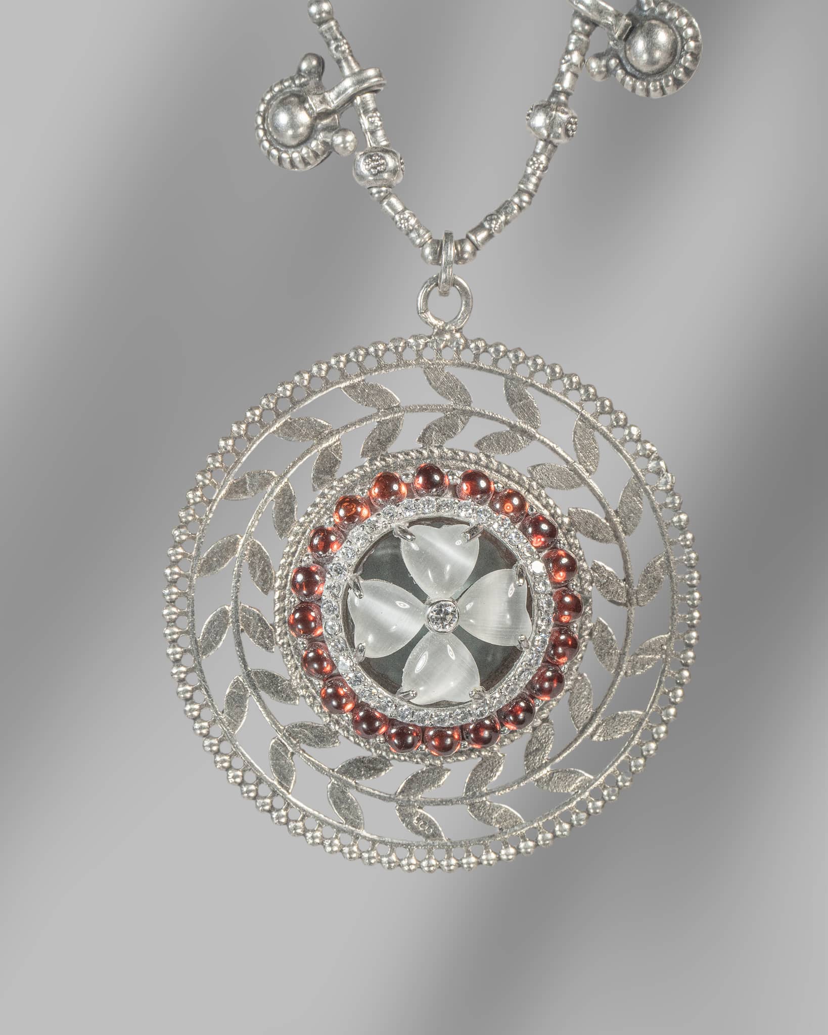 Oxidized 925 Sterling Silver Round Floral Pendant Necklace with Red & White Stones | Long Traditional Chain