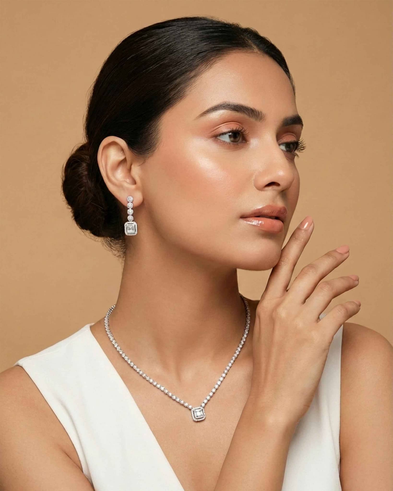 92.5 Sterling Silver Emerald-Cut CZ Tennis Necklace & Earring Set | Bridal Diamond Look