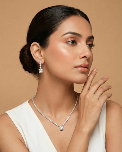 92.5 Sterling Silver Emerald-Cut CZ Tennis Necklace &amp; Earring Set | Bridal Diamond Look