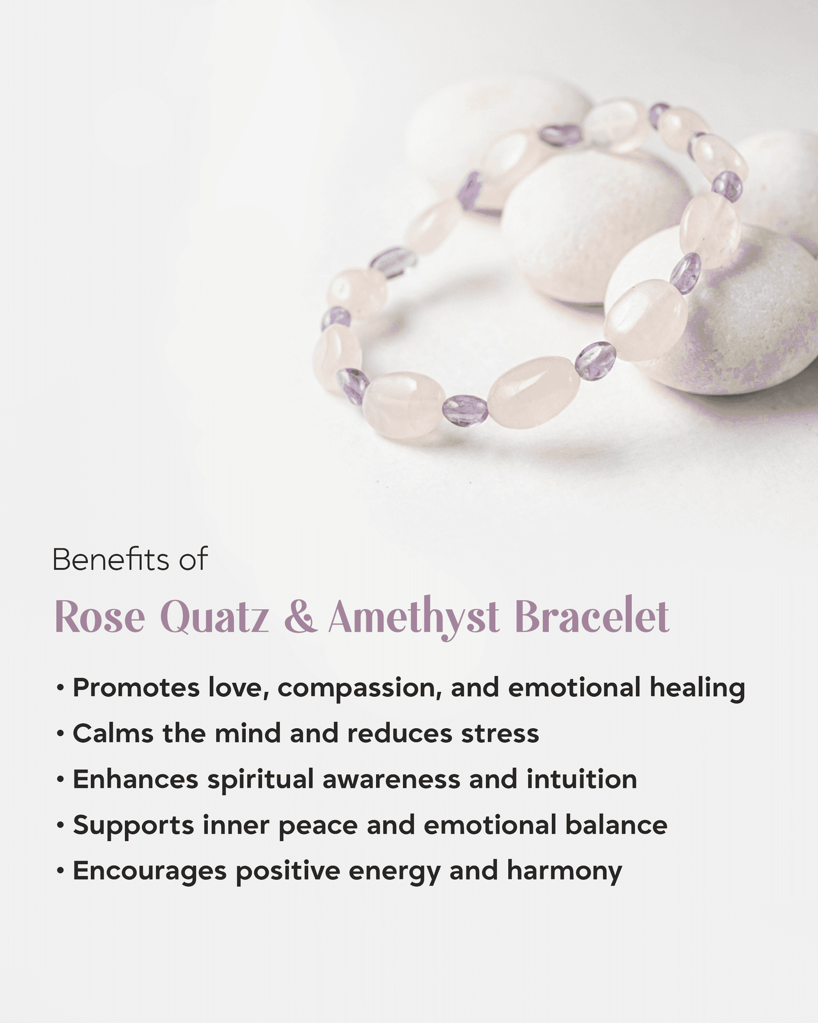 Natural Rose Quartz & Amethyst Tumbled Stone Bracelet | Love & Stress Relief Crystal