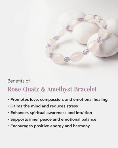 Natural Rose Quartz &amp; Amethyst Tumbled Stone Bracelet | Love &amp; Stress Relief Crystal