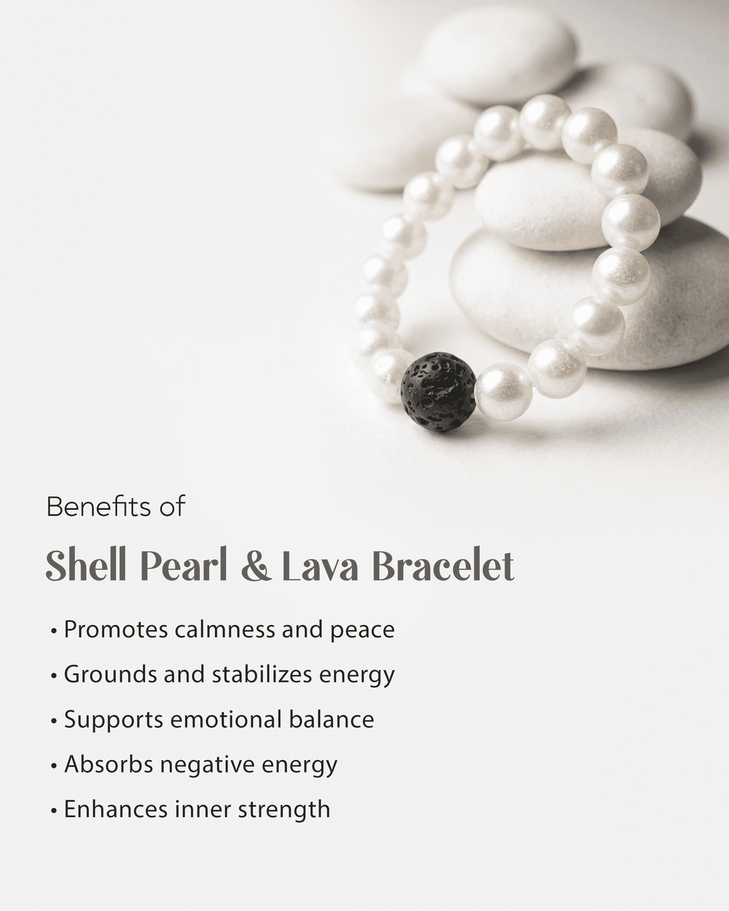 Shell Pearl &amp; Single Lava Stone Bracelet (9mm) | Black &amp; White Contrast Jewelry