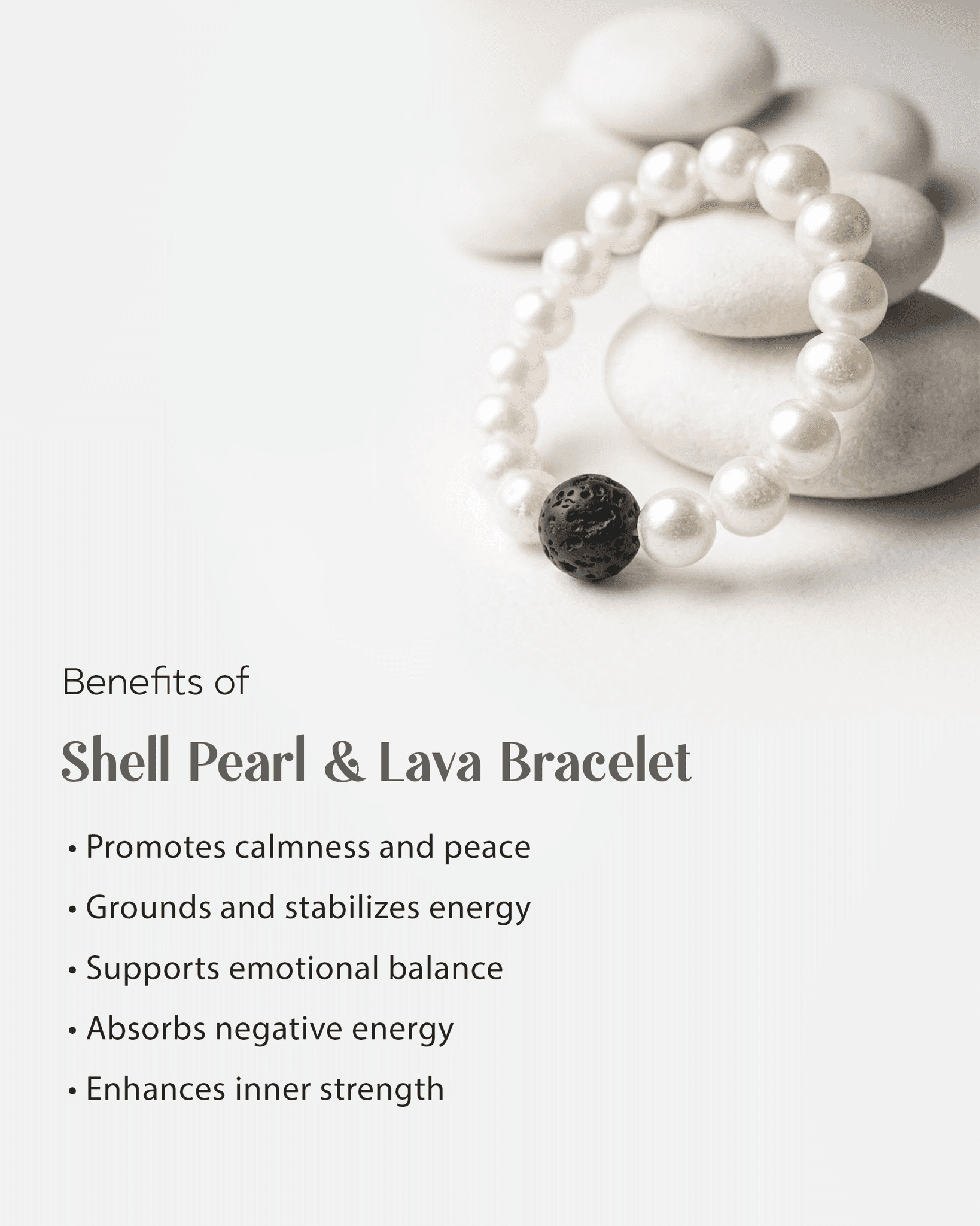 Shell Pearl & Single Lava Stone Bracelet (9mm) | Black & White Contrast Jewelry