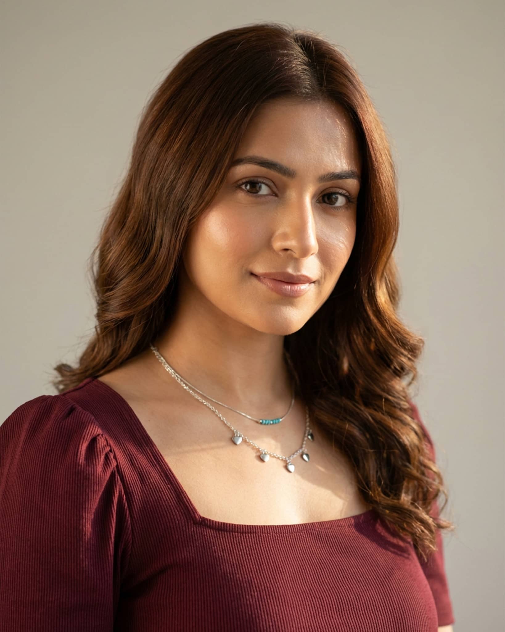 92.5 Sterling Silver Double Layer Heart Charm Necklace | Turquoise Bead Accent