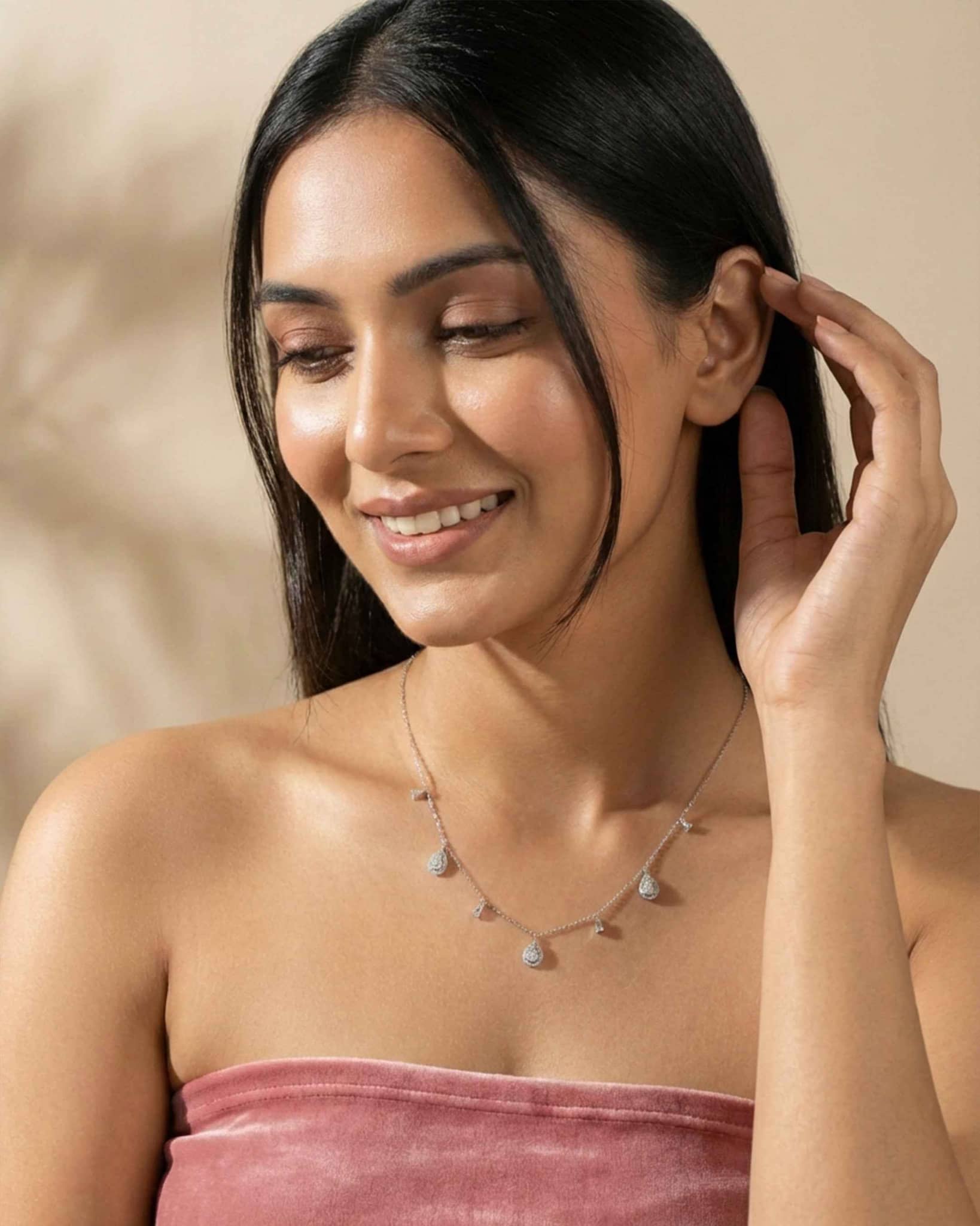 92.5 Sterling Silver Multi-Shape CZ Dangle Necklace | Teardrop & Baguette Slider Chain