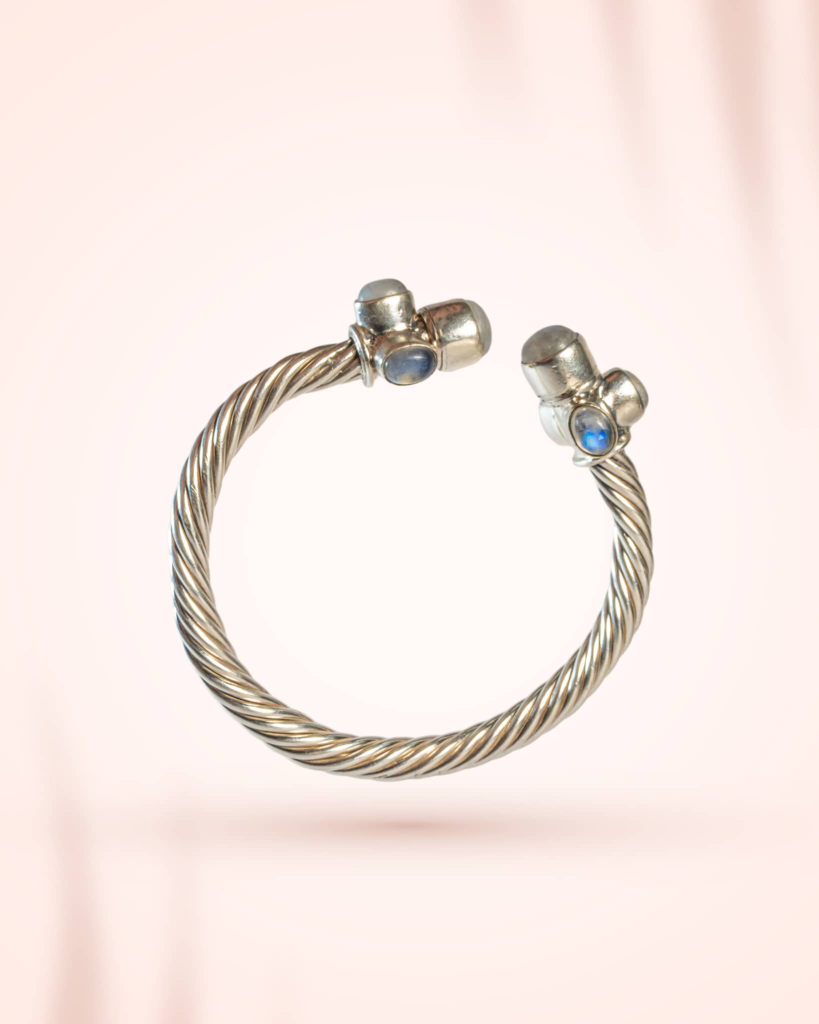 92.5 Sterling Silver Twisted Rope Cuff with Natural Moonstones | Triple Stone Adjustable Bangle