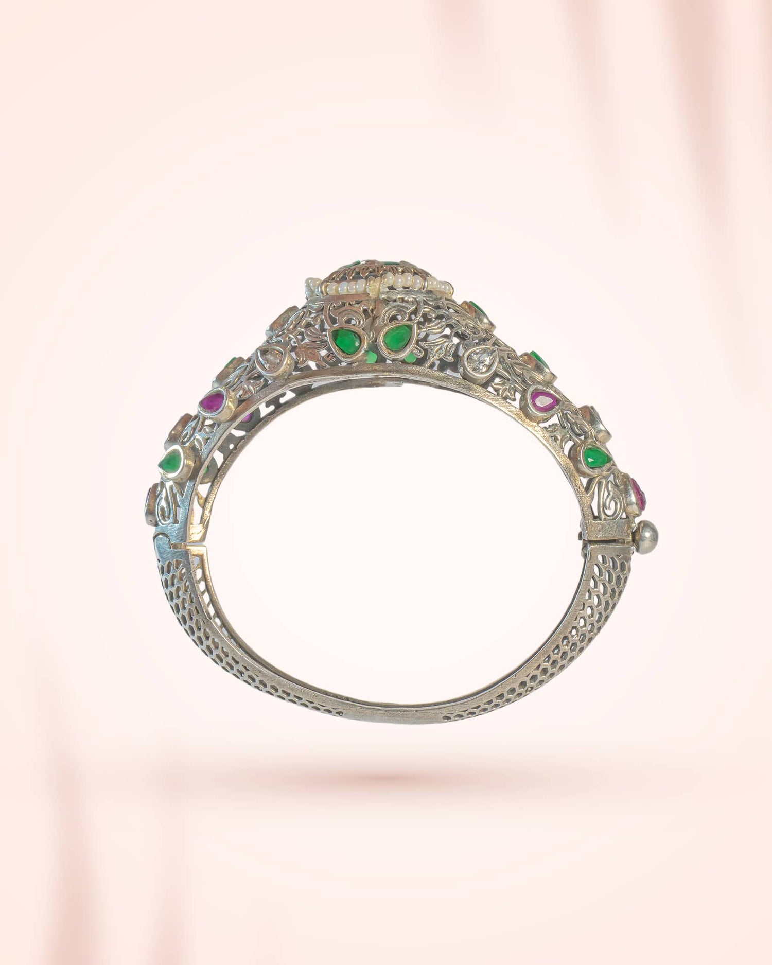 92.5 Sterling Silver Jadau Kundan Floral Bangle | Antique Multistone Wedding Kada