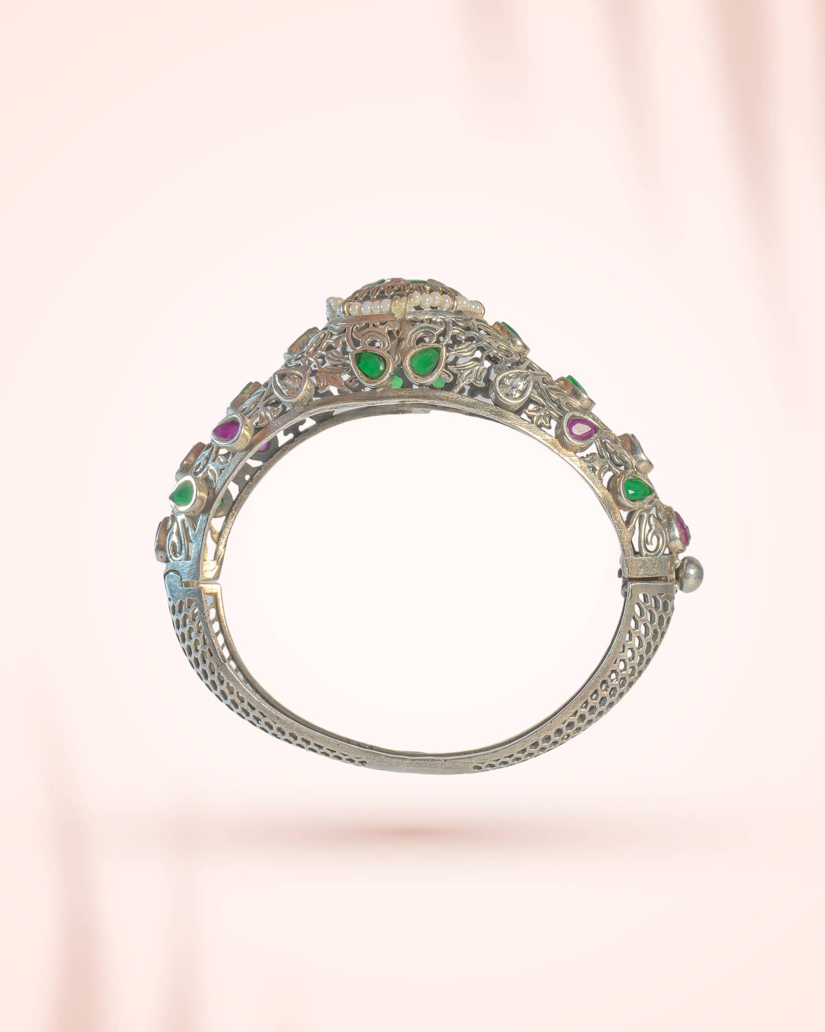 92.5 Sterling Silver Jadau Kundan Floral Bangle | Antique Multistone Wedding Kada