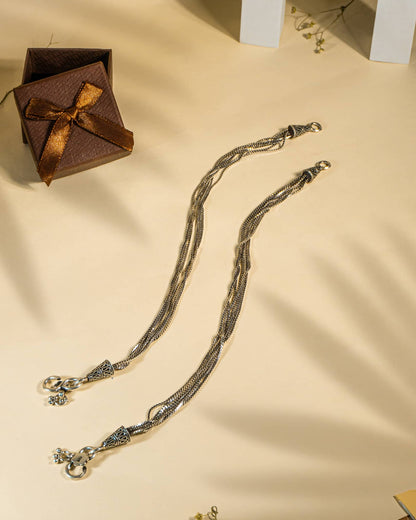 925 Sterling Silver Multi-Strand Layered Anklets (Pair) | Traditional Oxidized Payal