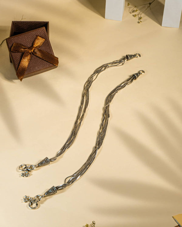 925 Sterling Silver Multi-Strand Layered Anklets (Pair) | Traditional Oxidized Payal