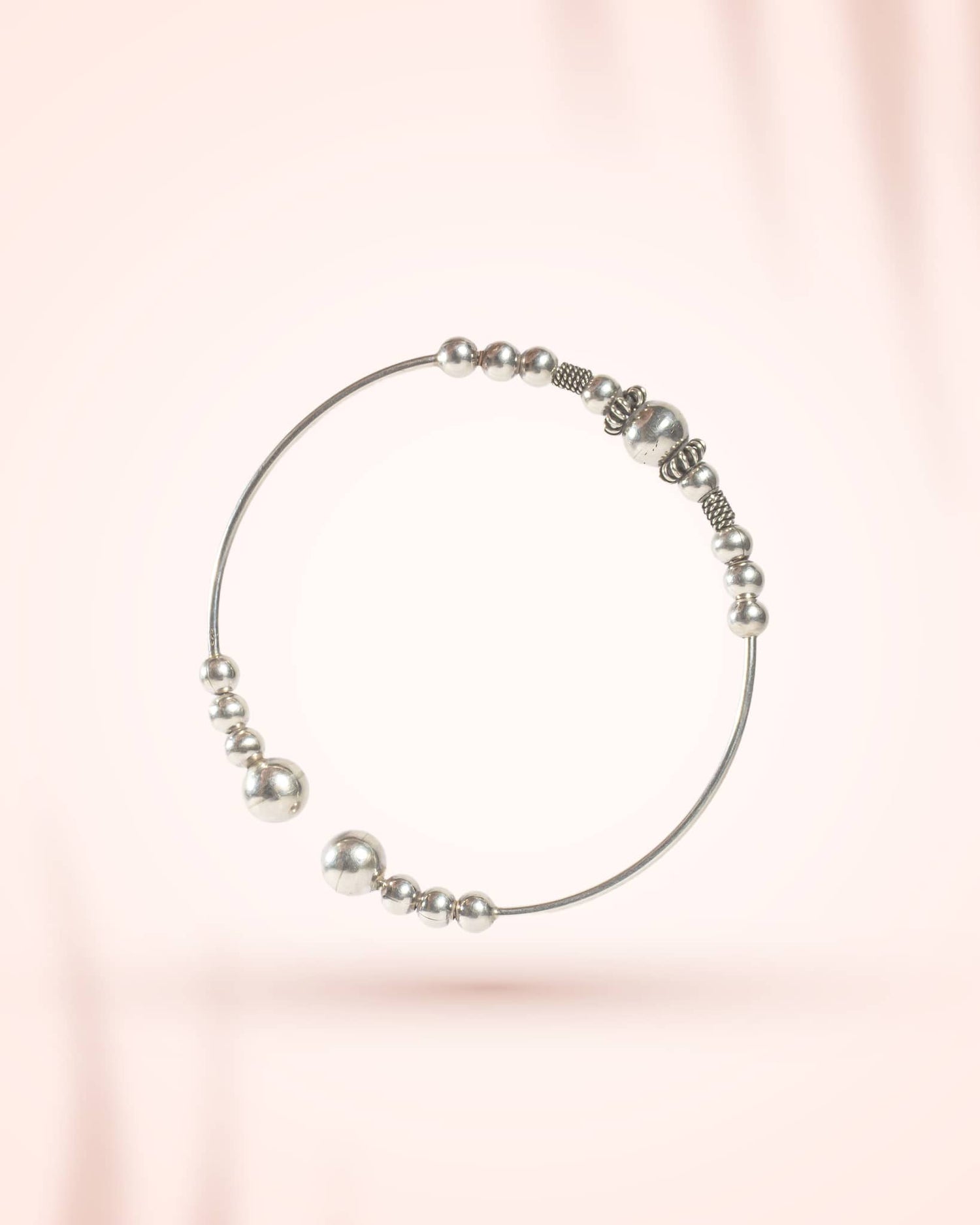 Oxidized Silver Beaded Open Cuff Bangle | Tribal Boho Adjustable Bracelet