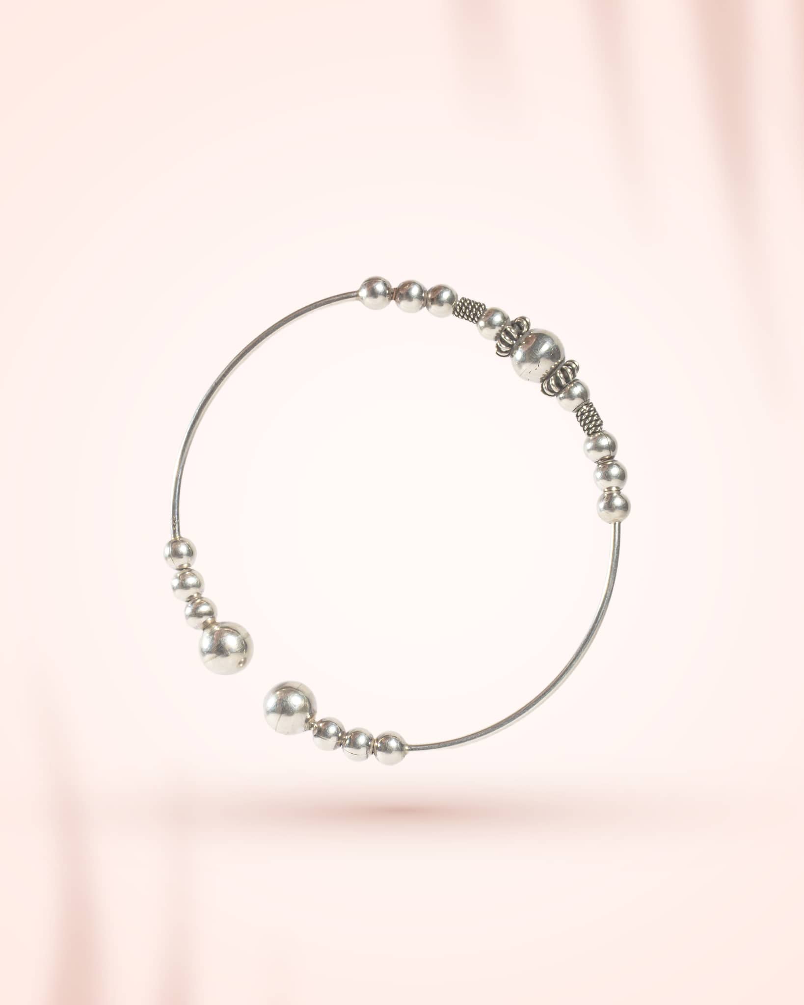 Oxidized Silver Beaded Open Cuff Bangle | Tribal Boho Adjustable Bracelet