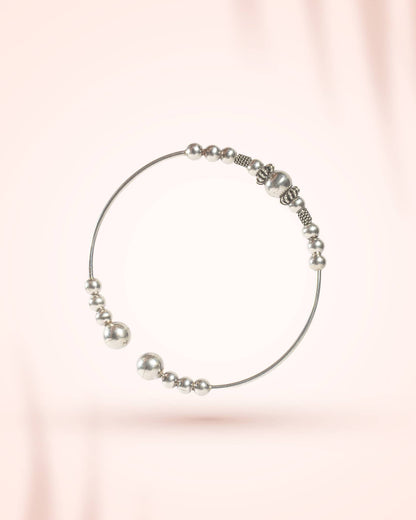 Oxidized Silver Beaded Open Cuff Bangle | Tribal Boho Adjustable Bracelet