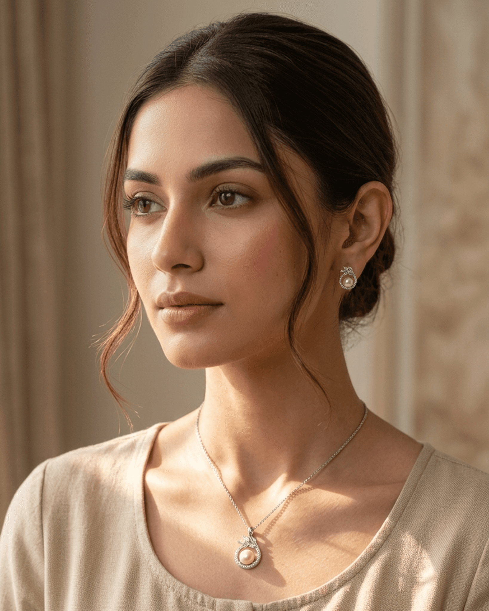 Elegant 92.5 sterling silver pendant and tops set featuring a white pearl surrounded by a circular cz halo and delicate marquise leaf accents, resting on a beige fabric.
