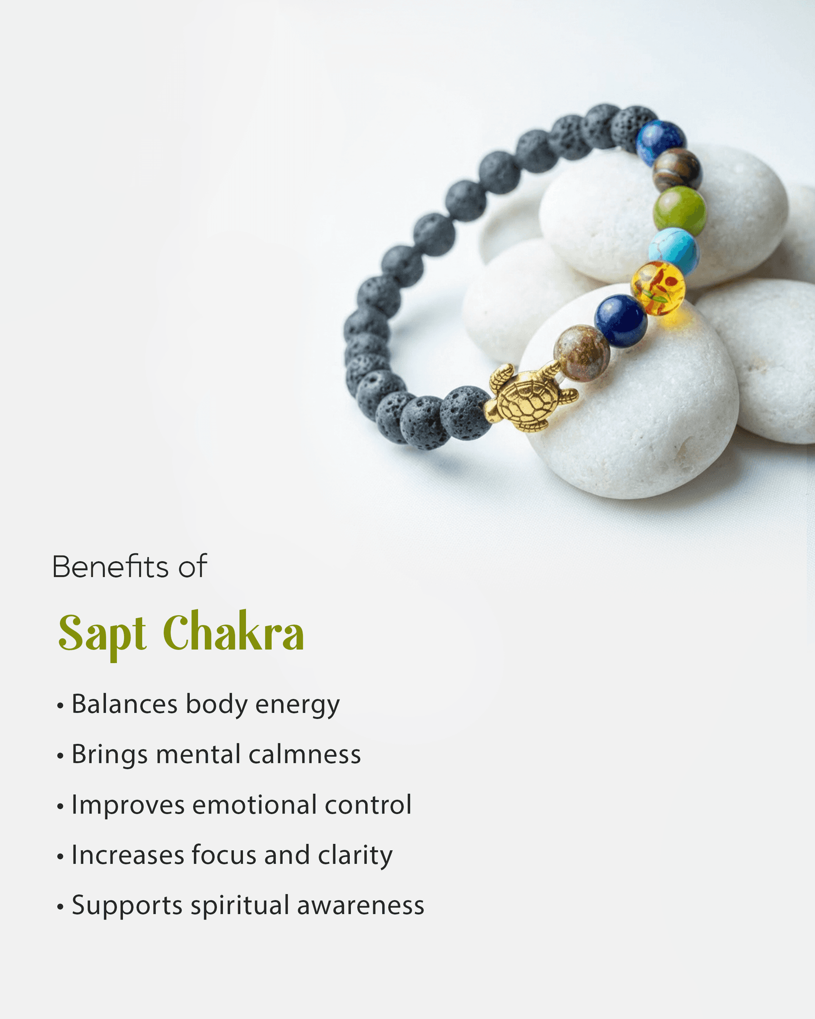 7 Chakra Healing Lava Stone Bracelet with Golden Turtle Charm | Sapt Chakra Reiki Jewelry