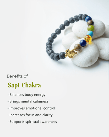 7 Chakra Healing Lava Stone Bracelet with Golden Turtle Charm | Sapt Chakra Reiki Jewelry