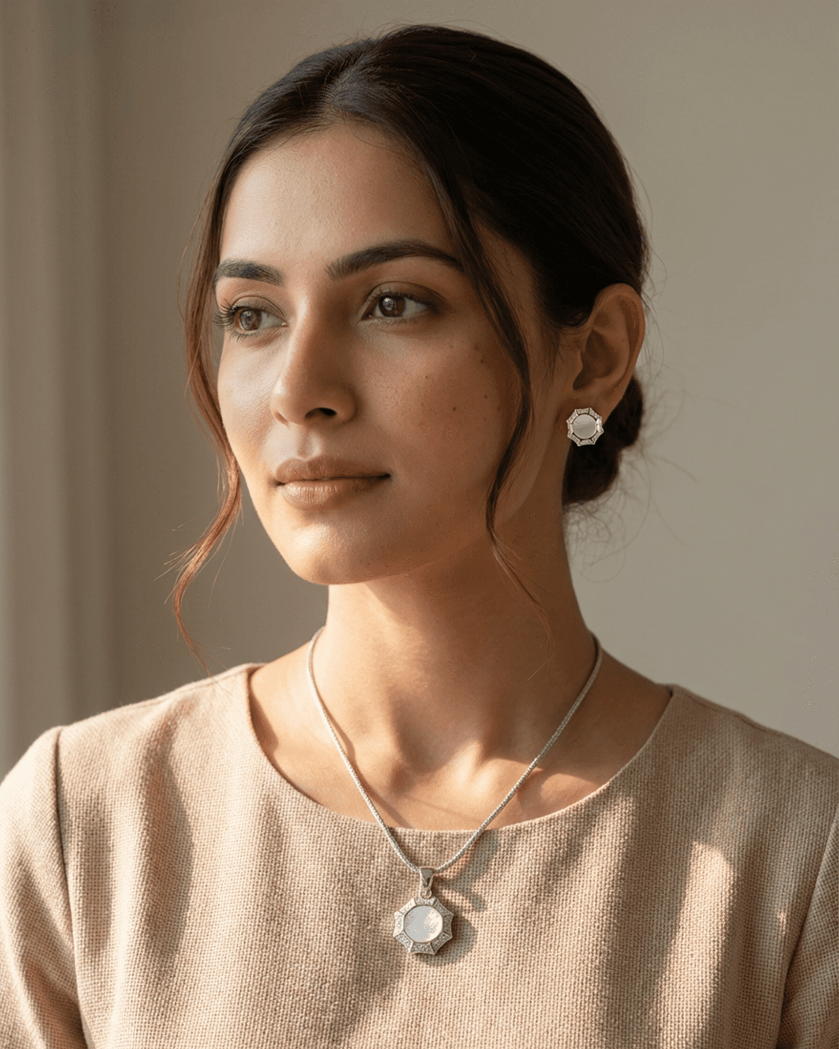 92.5 Sterling Silver Mother of Pearl Pendant Set | CZ Star Halo Studs (Chain Not Included)