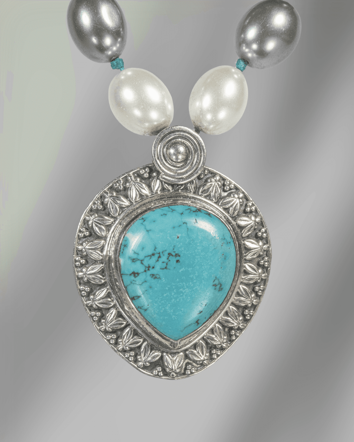 Oxidized 925 Sterling Silver Turquoise Teardrop Pendant Necklace | Tri-Color Shell Pearl Mala