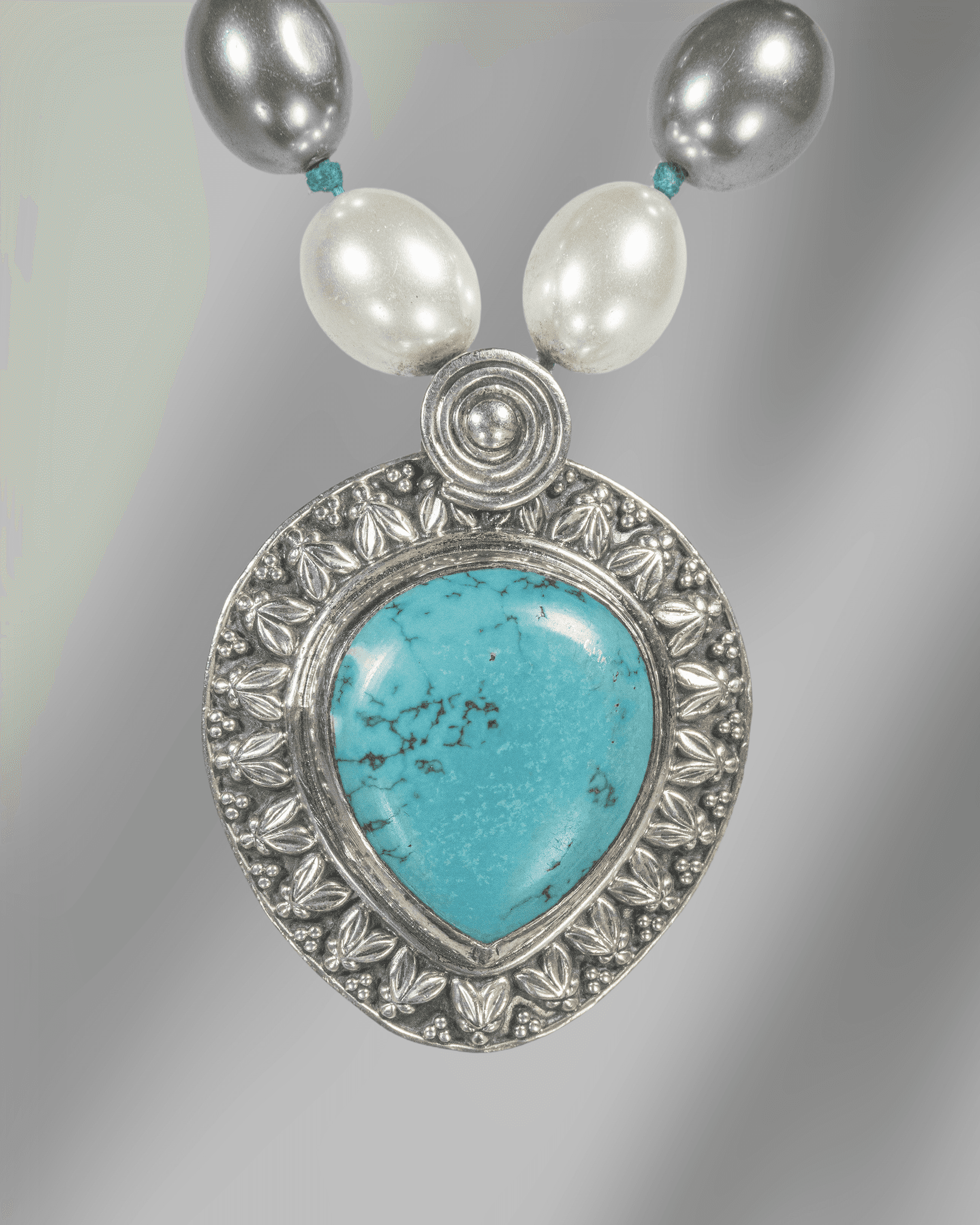 Oxidized 925 Sterling Silver Turquoise Teardrop Pendant Necklace | Tri-Color Shell Pearl Mala