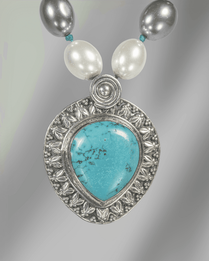 Oxidized 925 Sterling Silver Turquoise Teardrop Pendant Necklace | Tri-Color Shell Pearl Mala