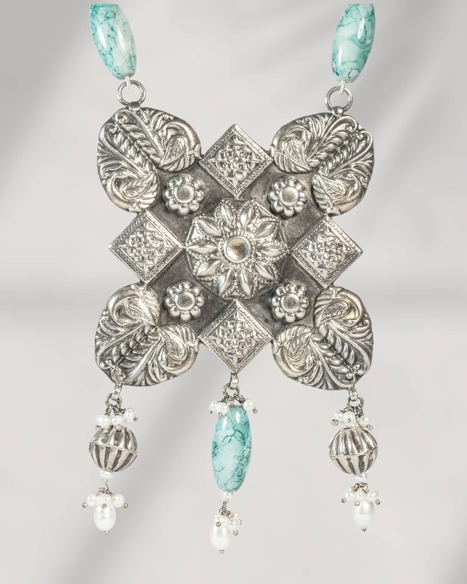 Oxidized 925 Sterling Silver Turquoise Beaded Long Necklace | Tribal Floral Pendant Mala