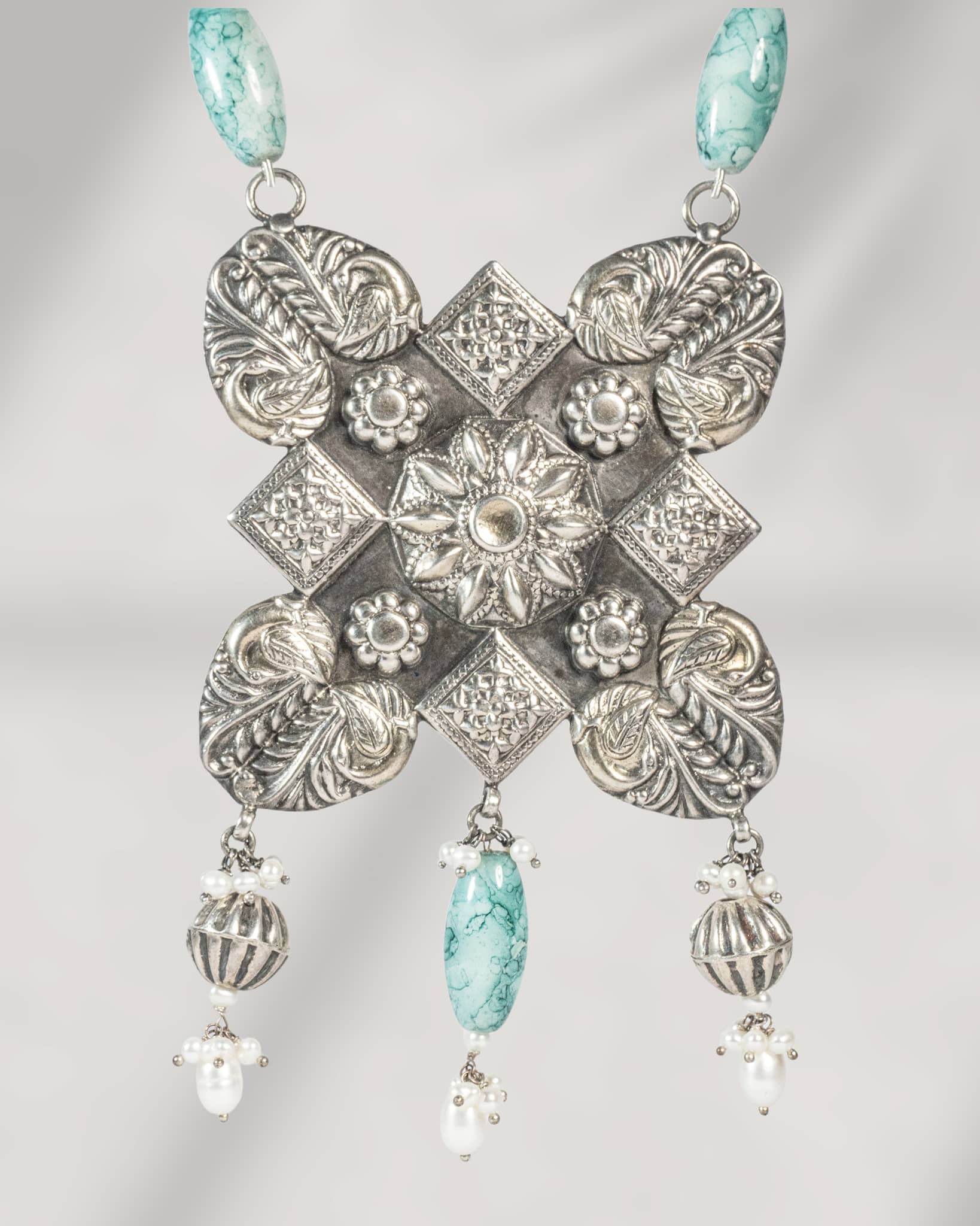 Oxidized 925 Sterling Silver Turquoise Beaded Long Necklace | Tribal Floral Pendant Mala