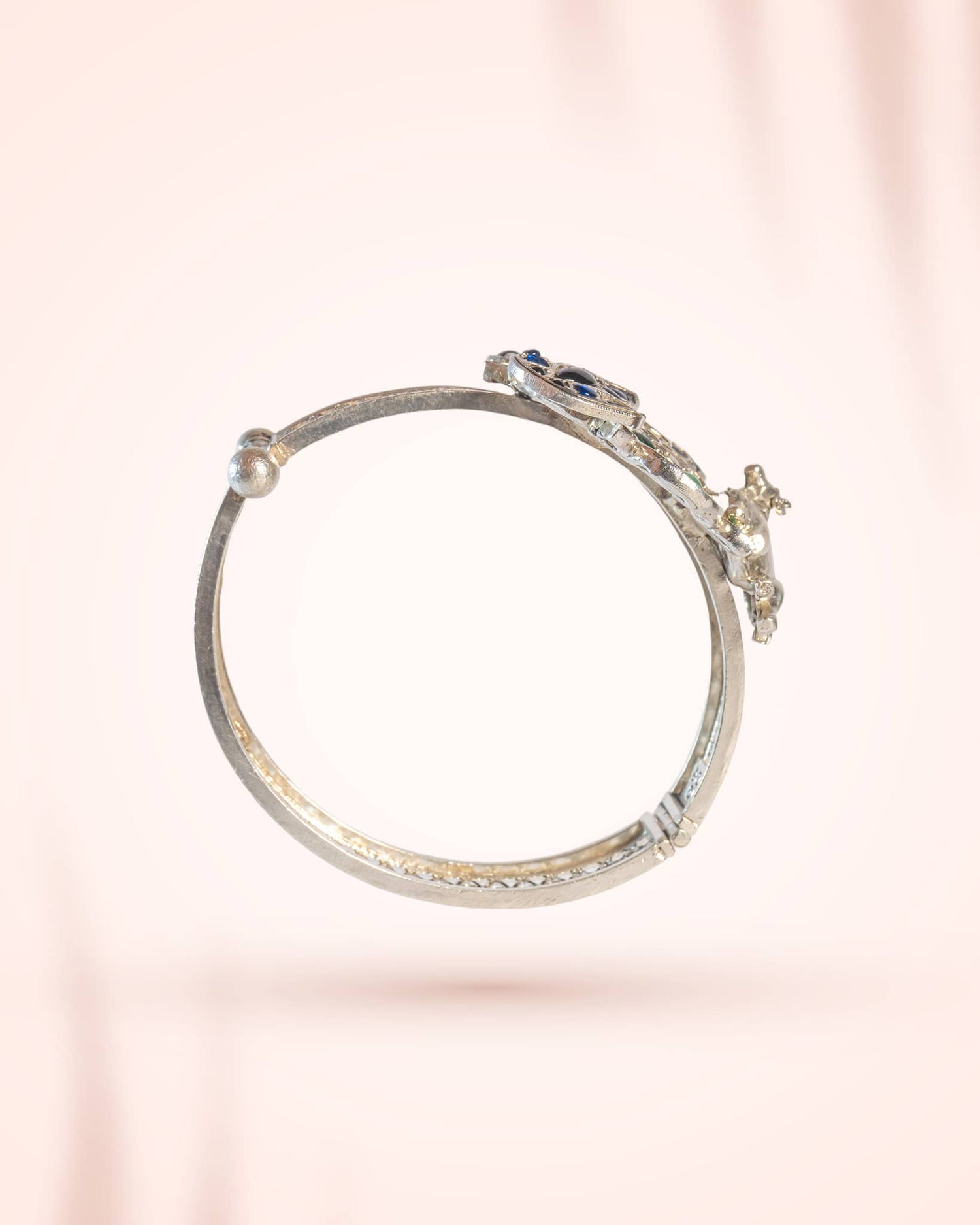 92.5 Sterling Silver Green &amp; Blue Jadau Floral Bangle | Royal Antique Openable Kada