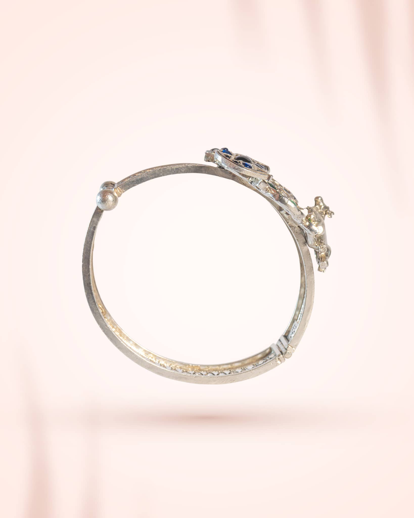 92.5 Sterling Silver Green & Blue Jadau Floral Bangle | Royal Antique Openable Kada
