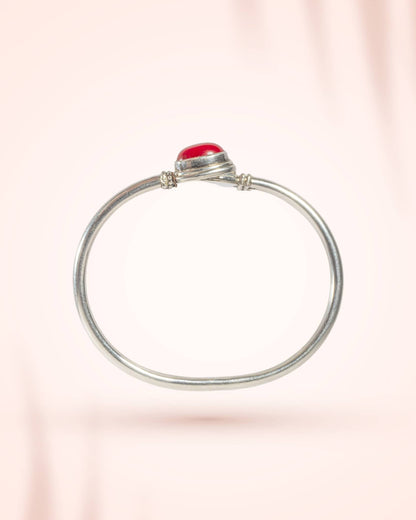 Silver Open Cuff Kada with Red Onyx Stone | Modern Adjustable Bangle