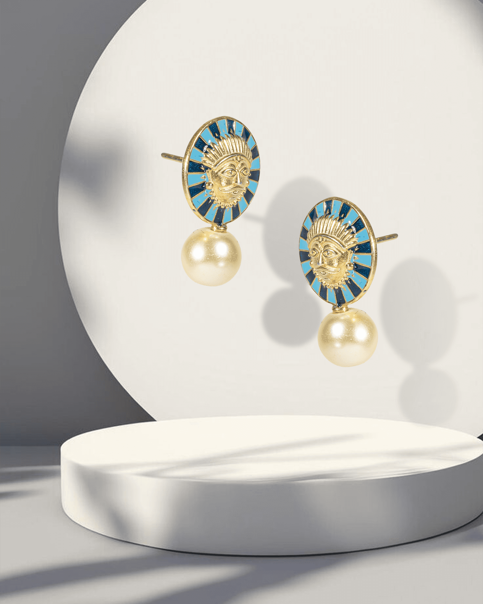 Gold Plated Silver Surya Pendant Set with Blue Enamel & Pearls | Traditional Sun Motif (Chain Not Included)