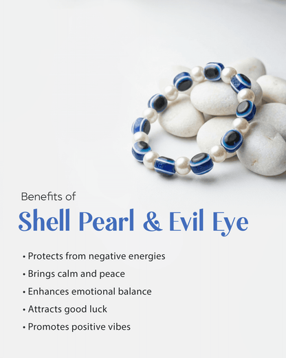 Shell Pearl &amp; Evil Eye Beaded Bracelet (8mm) | Full Protection Jewelry