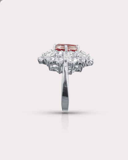 92.5 Sterling Silver Ruby CZ Cocktail Ring | Vintage Diamond Halo Cluster