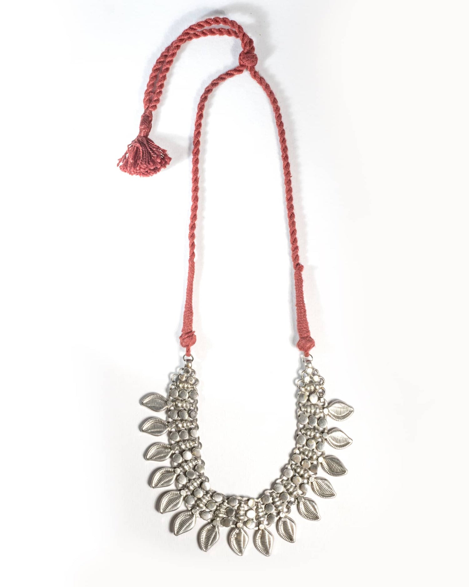 Oxidized 925 Sterling Silver Leaf Motif Choker on Red Thread | Tribal Boho Necklace