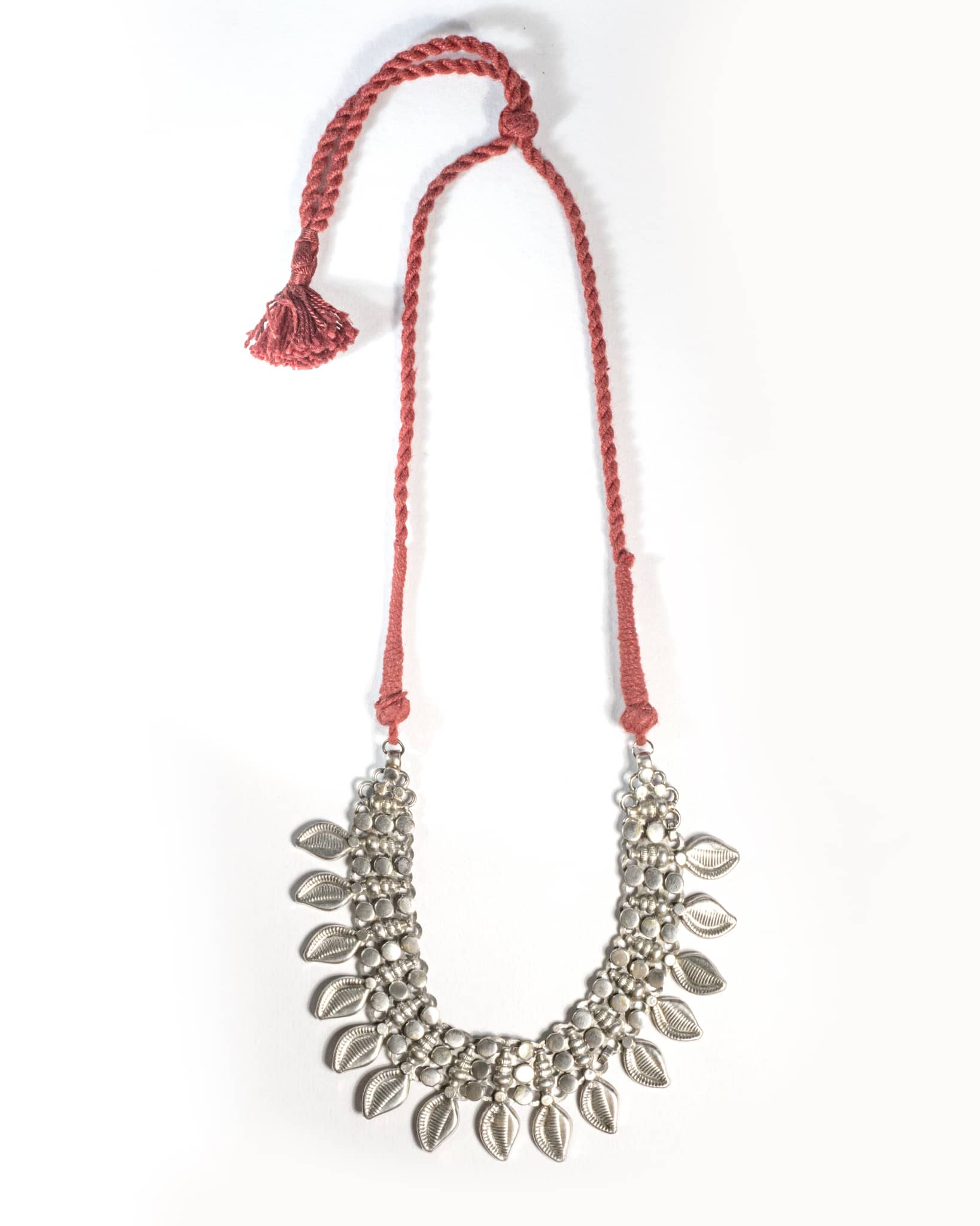 Oxidized 925 Sterling Silver Leaf Motif Choker on Red Thread | Tribal Boho Necklace