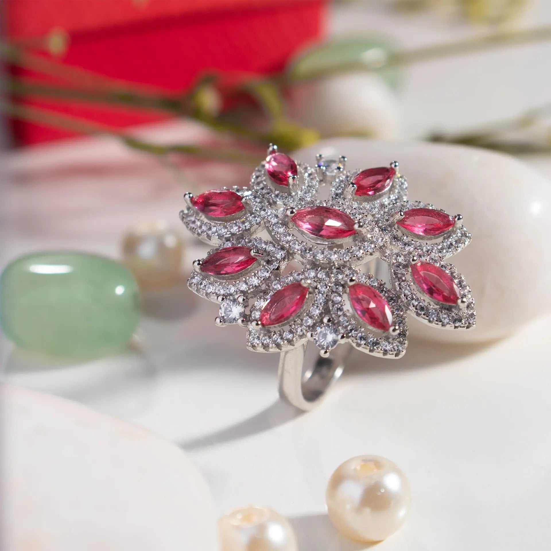 Red Floral Cocktail Ring Hardik Jewels