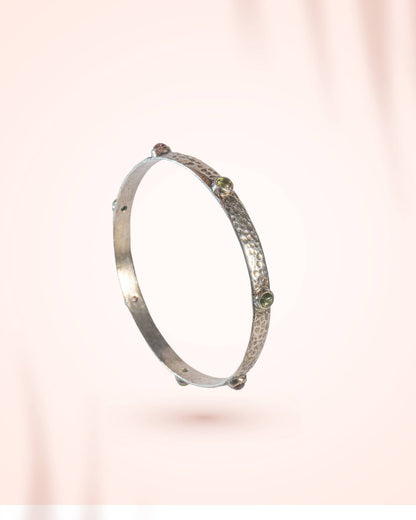 92.5 Sterling Silver Hammered Multi-Gemstone Bangle | Antique Textured Slim Kada