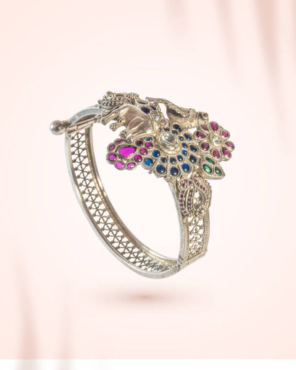 92.5 Sterling Silver Gau Mata &amp; Bird Jadau Bangle | Vrindavan Theme Antique Kada