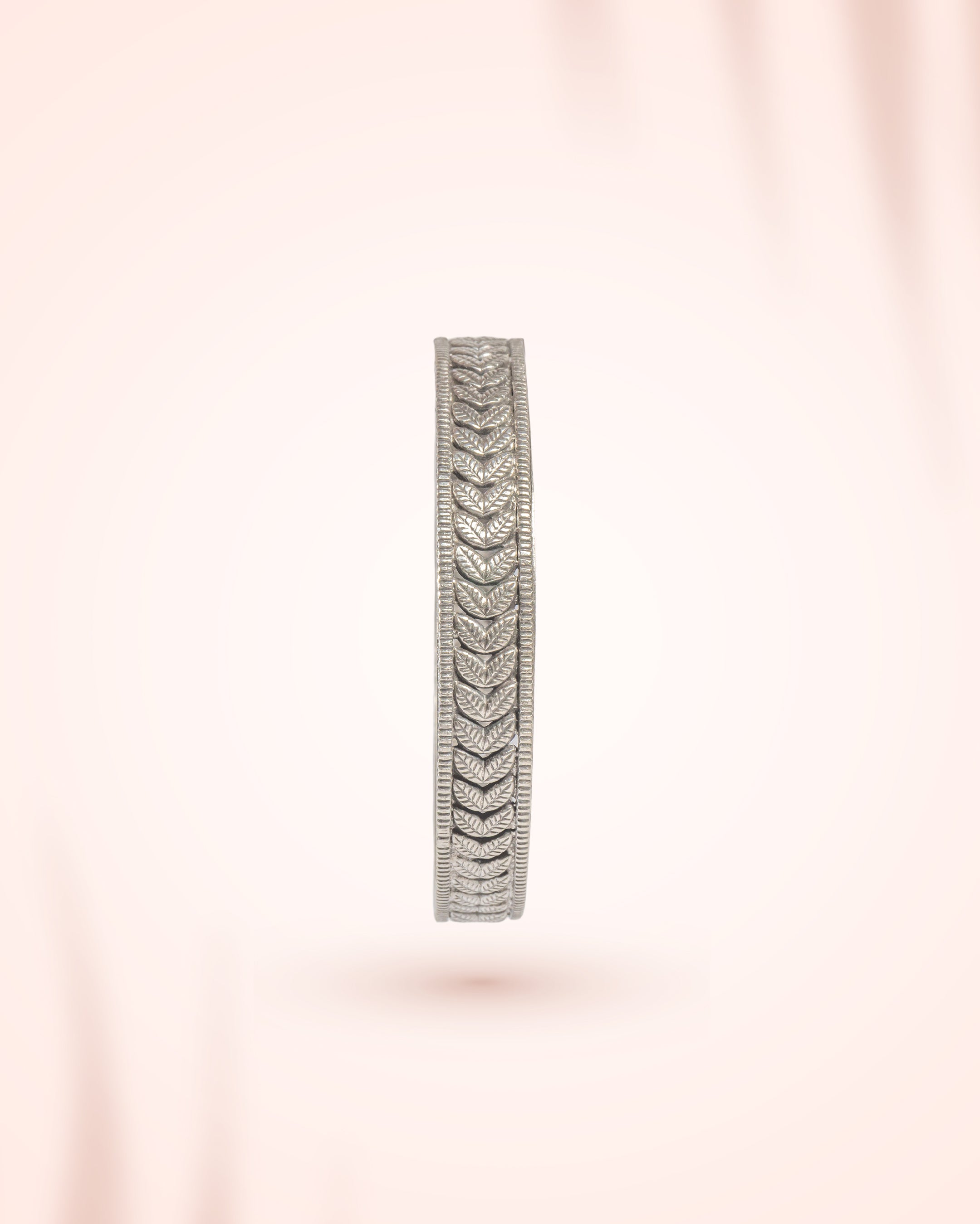 92.5 Sterling Silver Leaf Pattern Antique Bangle | Nature Motif Oxidized Kada