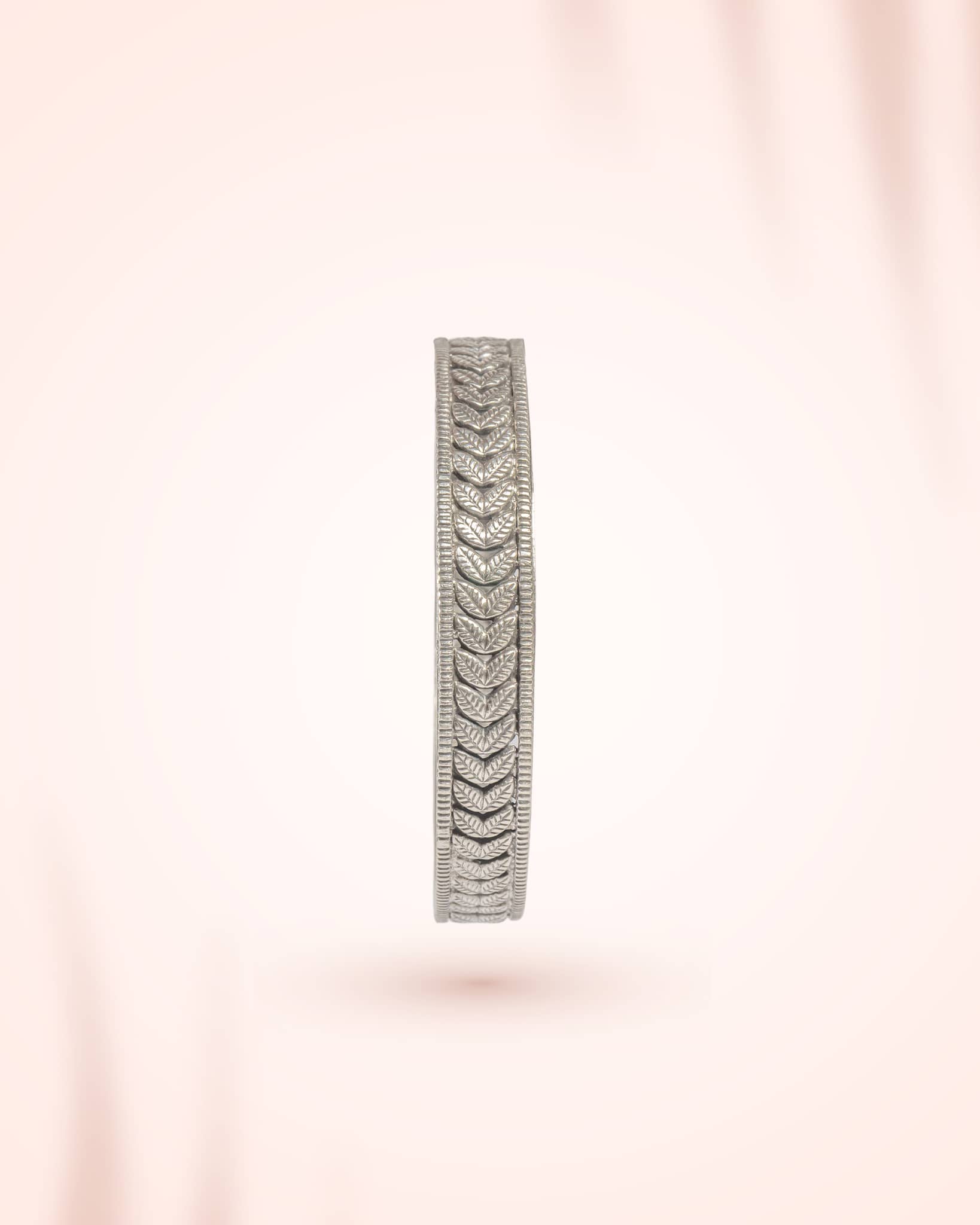 92.5 Sterling Silver Leaf Pattern Antique Bangle | Nature Motif Oxidized Kada