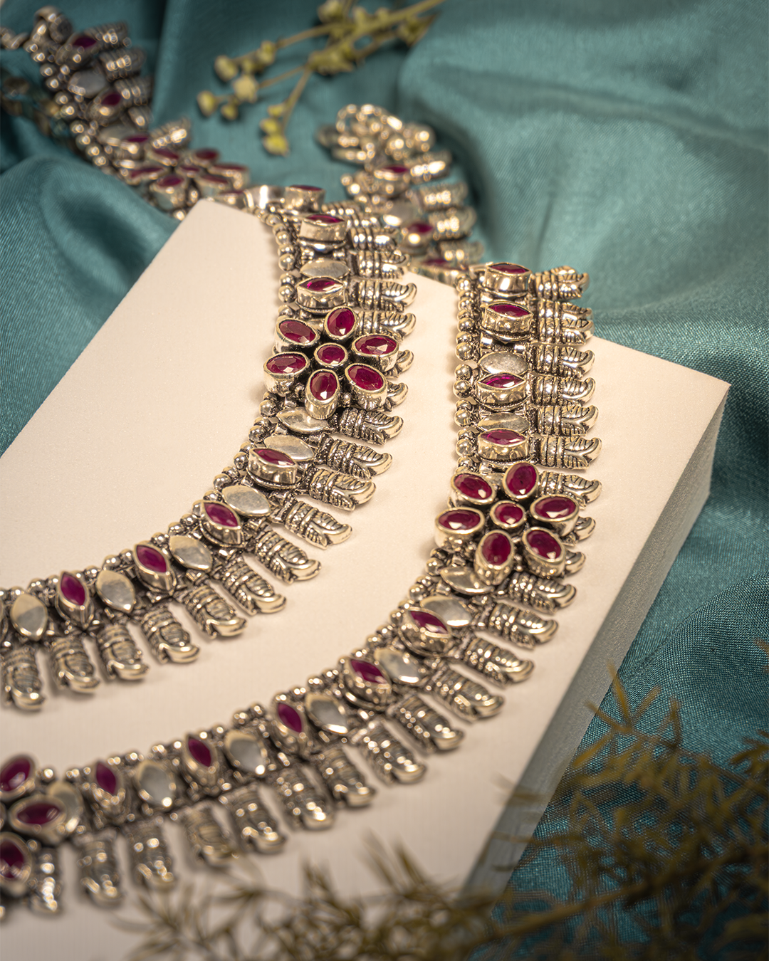925 Silver Floral Antique Anklet with Ruby Stones | Hardik Jewels