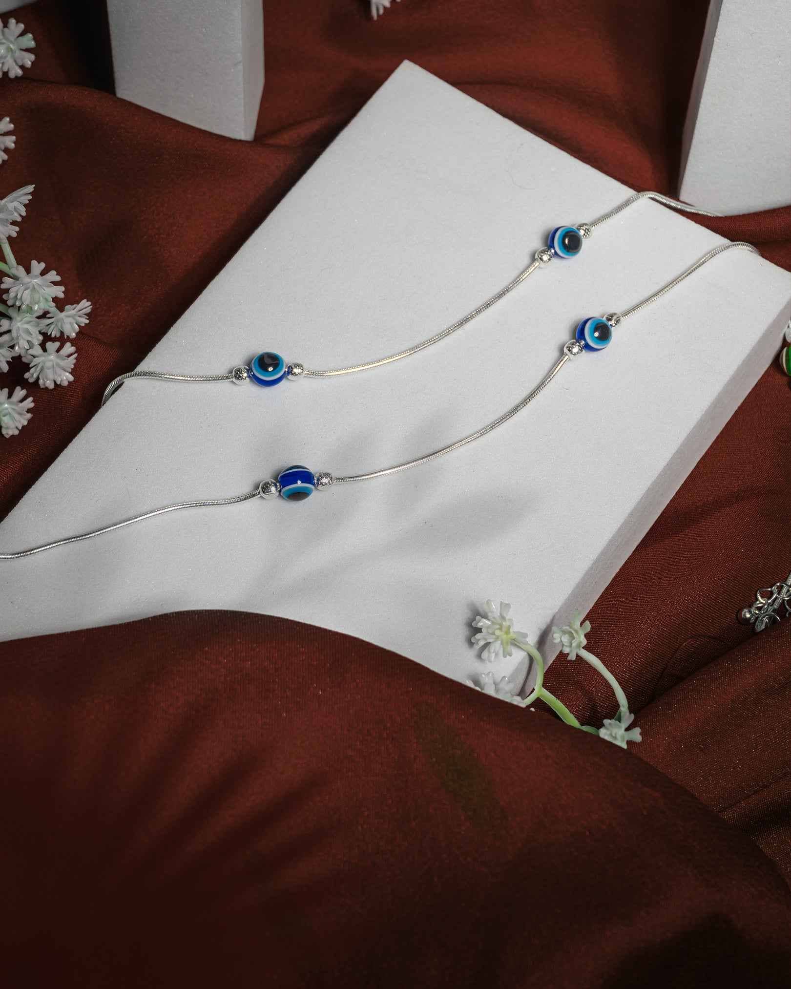 92.5 Sterling Silver Evil Eye Station Anklet | Blue Nazar Bead Snake Chain Payal